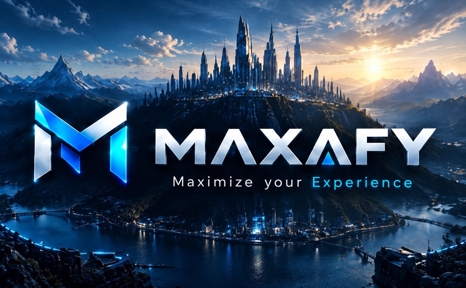 Maxafy – Maximize your Experience: Logo vor einer futuristischen Stadt in den Bergen bei Sonnenaufgang